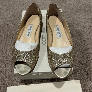 Jimmy Choo beck gold glitter peep toe wedge heels